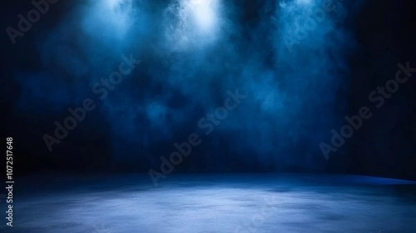 Fototapeta Blue misty background with foggy light beams, mysterious stage scene with blue smoke, atmospheric eerie vibe, moody lighting effect