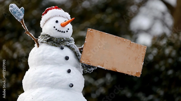 Fototapeta Smiling snowman holding a blank sign