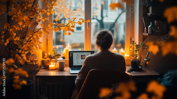 Obraz A person sits at a cozy desk, illuminated by candles and surrounded by autumn leaves, working on a laptop with a warm, tranquil atmosphere.