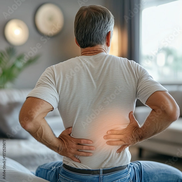 Obraz A caucasian older man has back pain or a hernia and tries to reach the source of the pain. 