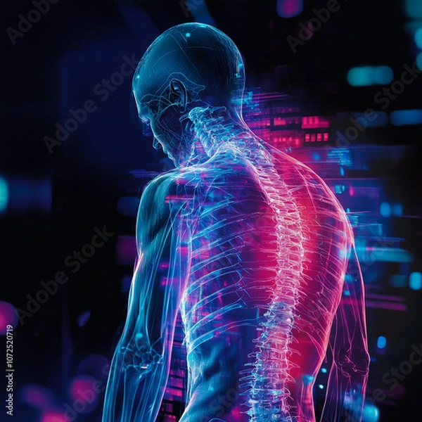 Obraz A futuristic scientific visual representation of the human spinal cord and back pain. 