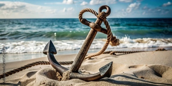 Obraz The ship's iron anchor lies in the sand by the sea.