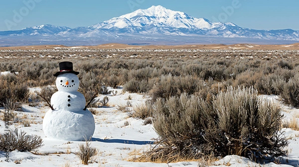 Fototapeta Snowman in snowy desert with mountains in background