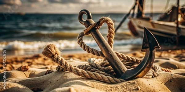 Fototapeta A ship's anchor in the sand on the shore of the ocean or sea.