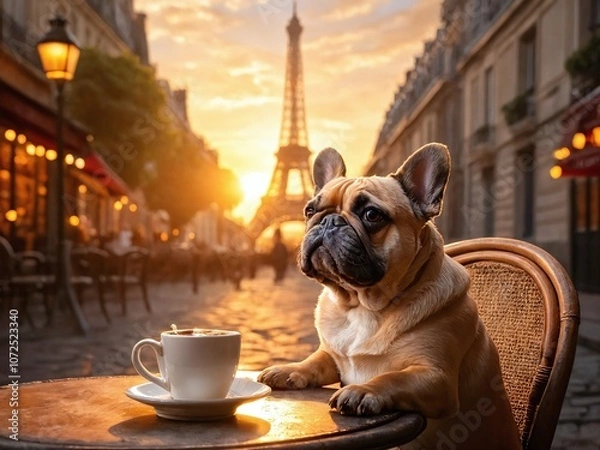 Fototapeta A relaxed French Bulldog enjoys coffee at a Parisian cafГ© with a view of the Eiffel Tower during sunset