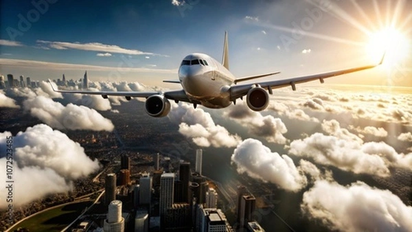 Obraz low angle view of plane fly over modern office buildings. A wonderful view of the big city.