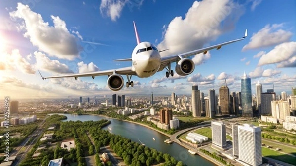 Fototapeta low angle view of plane fly over modern office buildings. A wonderful view of the big city.