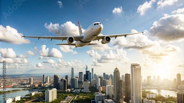 Obraz low angle view of plane fly over modern office buildings. A wonderful view of the big city.