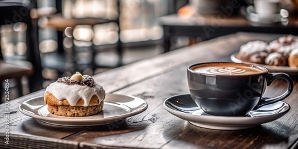 Obraz Top-down view of a table adorned with a cup, cake, sweet dessert