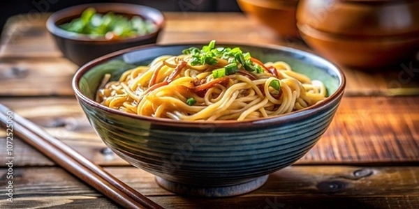 Obraz Stir fry noodles with shrimps. Asian cuisine dish. Top view