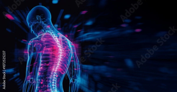 Obraz A futuristic scientific visual representation of the human spinal cord and back pain, with copy space. 