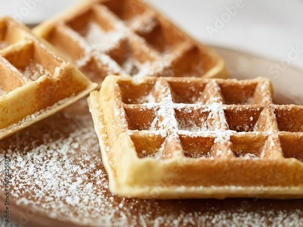 Fototapeta Freshly made waffles dusted with powdered sugar on a rustic plate during a cozy breakfast setting