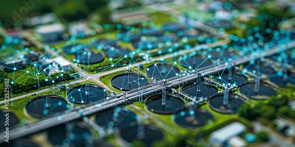 Fototapeta  Digital Network Visualization of Smart City Infrastructure, Aerial View of Water Treatment Plant with Data Connections