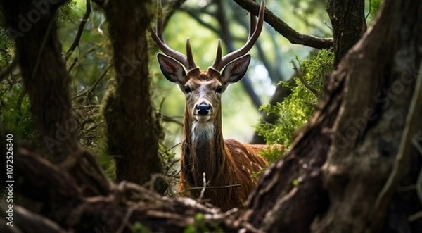 Fototapeta close-up of a deer in the forest, deer in the woods, cute deer in the park, cute deer in the forest, close-up of a lonely deer in the woods
