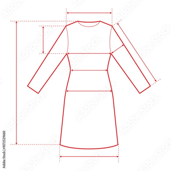 Fototapeta Long Sleeve A-Line Dress Technical Drawing with Measurement Points and Size Chart

