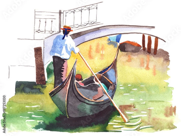 Obraz Watercolor painting of Gondola on canal in Venice on a sunny day.