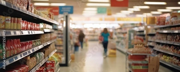 Fototapeta Grocery shoppers browsing through aisles filled with snacks and packaged goods in a supermarket during a busy afternoon