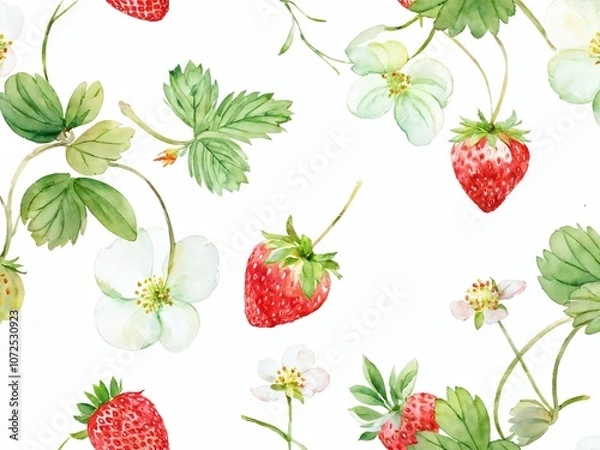 Fototapeta Bright red strawberries and delicate white flowers create a vibrant pattern on a clean background for spring-themed decor