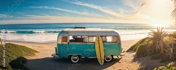 Fototapeta A vintage camper van parked on a sandy beach at sunset with surfboards ready for a day of adventure