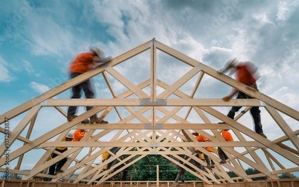 Fototapeta Clear image of a wooden truss on a roof frame, with blurred figures of workers securing it in the background.