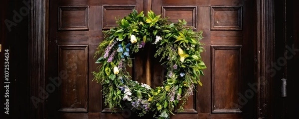 Fototapeta A beautifully crafted floral wreath adorned with fresh greenery and blooms is displayed against a rustic wooden door