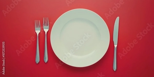 Fototapeta White Plate with Silverware on a Red Background