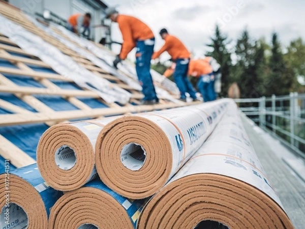 Fototapeta Close-up of roof insulation rolls, with a team of blurry workers preparing to install in the background.