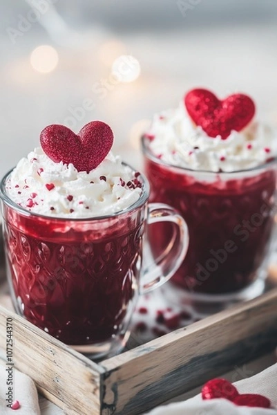 Fototapeta two red heart themed hot drinks with whipped cream, served in glass mugs on a tray