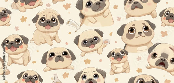 Fototapeta  Cartoon-style pugs with paw prints and hearts on a light cream background