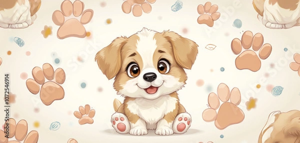 Fototapeta  Cartoon-style puppy surrounded by paw prints and hearts on a cream background