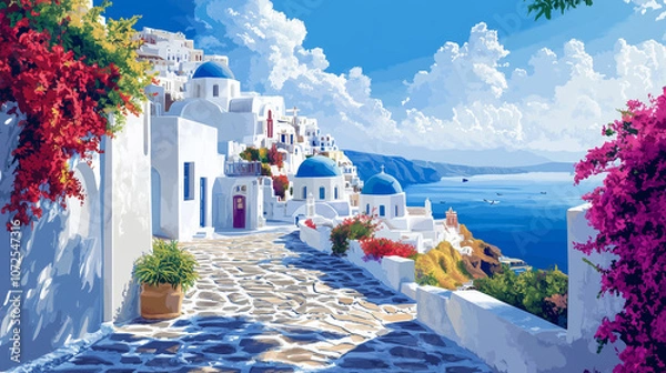 Fototapeta Illustration Vectorielle de Santorin avec Architecture Grecque Iconique