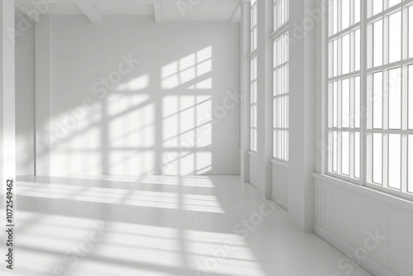 Fototapeta Empty White Room Background, Clean Blank Interior Mockup, Empty Space with Windows