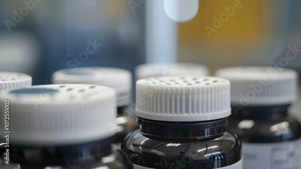 Fototapeta Close-up of medicine bottles Braille labels on medication bottles in pharmaceutical setting,World Braille Day