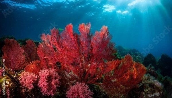 Obraz vibrant red algae seaweed underwater in the ocean