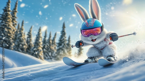 Fototapeta Ski vacation concept. Funny Animals skiing. Alpine Downhill Skiing Rabbit on Snowy Slope Wearing Ski Goggles and Helmet, Winter Fun Scene. Image made using Generative AI.