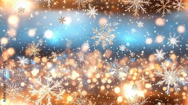 Fototapeta Shimmering snowflakes falling on a blurred background of glowing lights