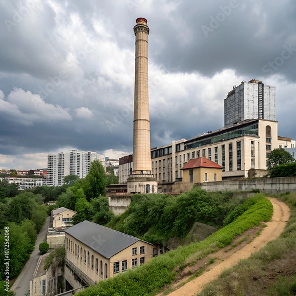 Fototapeta Historic Malakoff industrial site featuring a tall smokestack and modern buildings in a lush setting