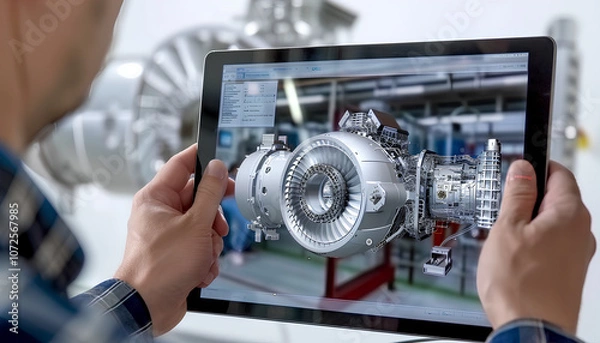 Fototapeta Factory Digitalization: Two Industrial Engineers Use Tablet Computer, Visualize 3D Model of Clean Green Energy Engine