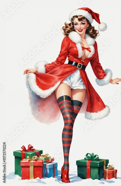 Obraz Irreverent Christmas Pin-Up in Festive Outfit – Fun Vintage Style Holiday Card on White Background