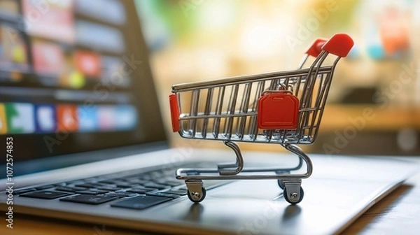 Fototapeta Online Shopping Concept: Miniature Shopping Cart on Laptop