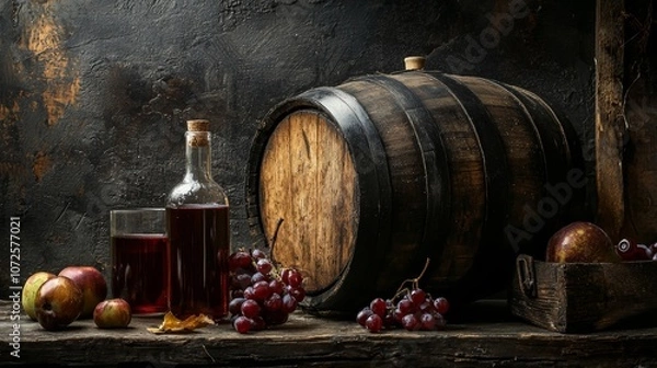 Fototapeta Wine barrel and fresh grapes on rustic background