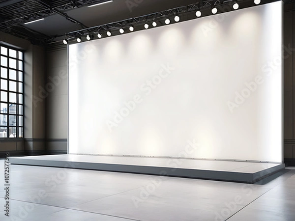 Obraz Blank illuminated press wall on stage in modern exhibition hall. 