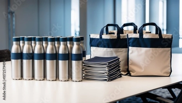 Fototapeta Set of stainless steel water bottles and reusable bags on a clean conference table with copy space