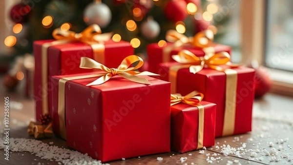Obraz wrapped red christmas gift parcels with golden ribbons with a blurred background of a christmas tree and lights