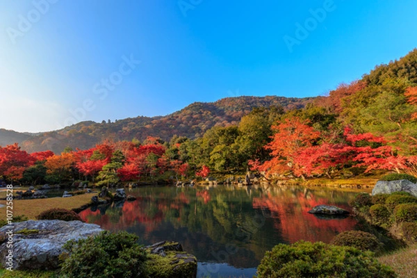 Obraz 大池と朝日に照らしだされる紅葉　その１