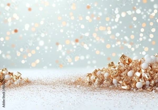 Obraz Gold glitter and white spheres on surface with bokeh lights, festive holiday decoration