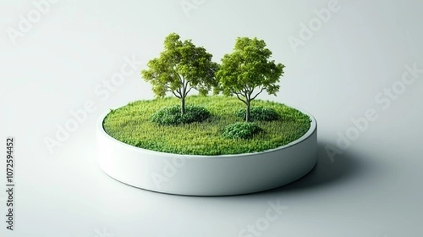 Fototapeta Miniature green landscape model with trees on a circular base, symbolizing environmental conservation