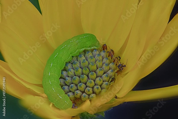 Obraz A tiny green caterpillar nested in a yellow flower.