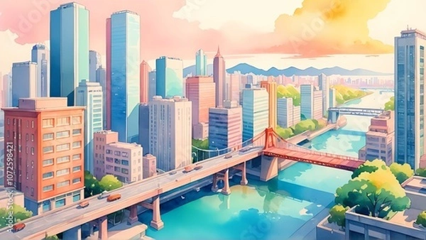 Fototapeta Colorful urban skyline at sunset with skyscrapers and bridge over river
