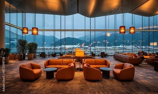 Fototapeta A modern airport lounge with orange leather seating and large windows overlooking the tarmac.